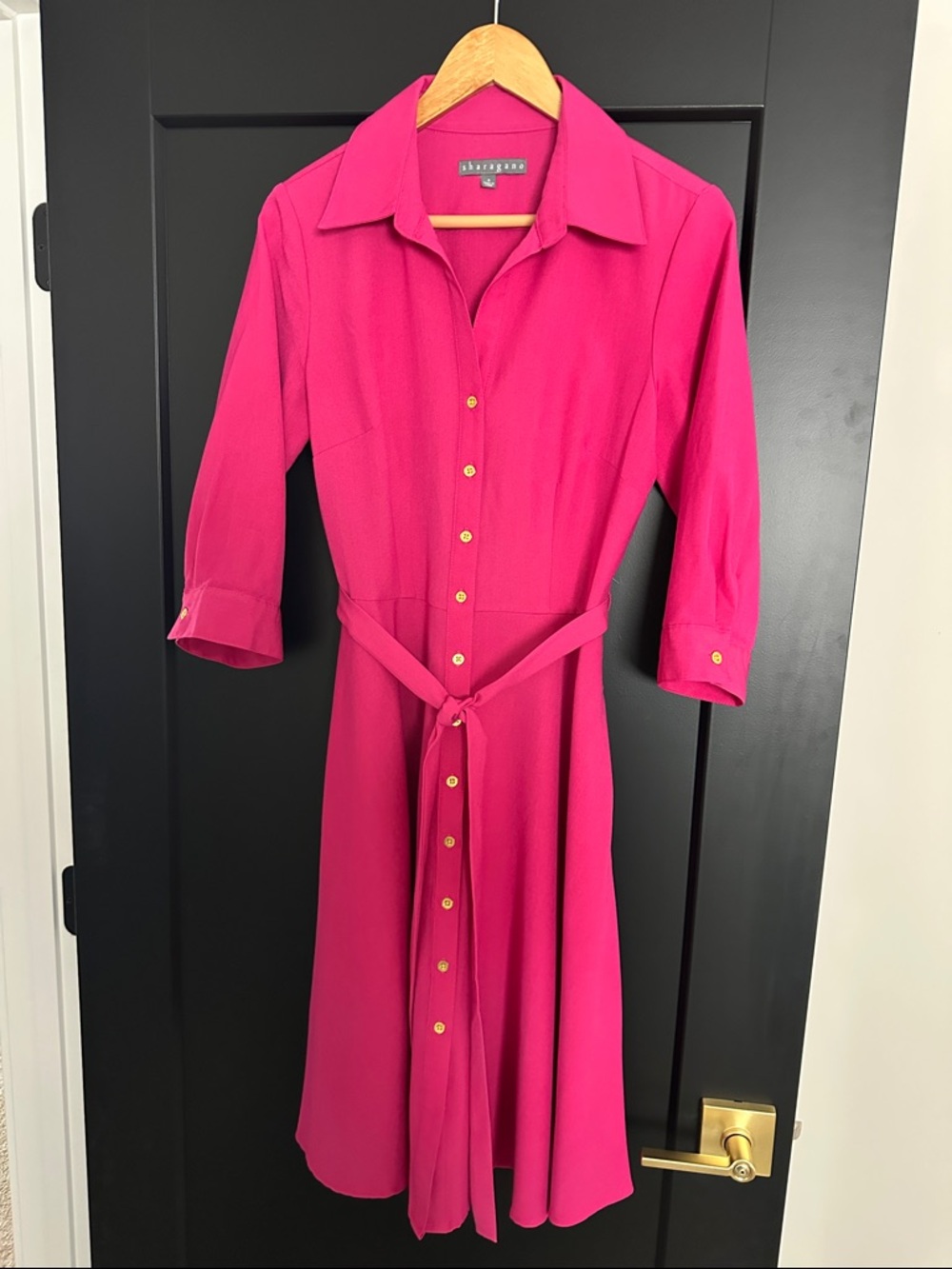 Sharagano Hot Pink Button-Front Midi Shirt Dress with Tie